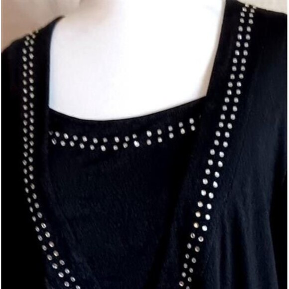 Quacker Factory 2 Pc Outfit Top & Pants L Black Rhinestone Trim Liquid Gold New - Picture 3 of 8